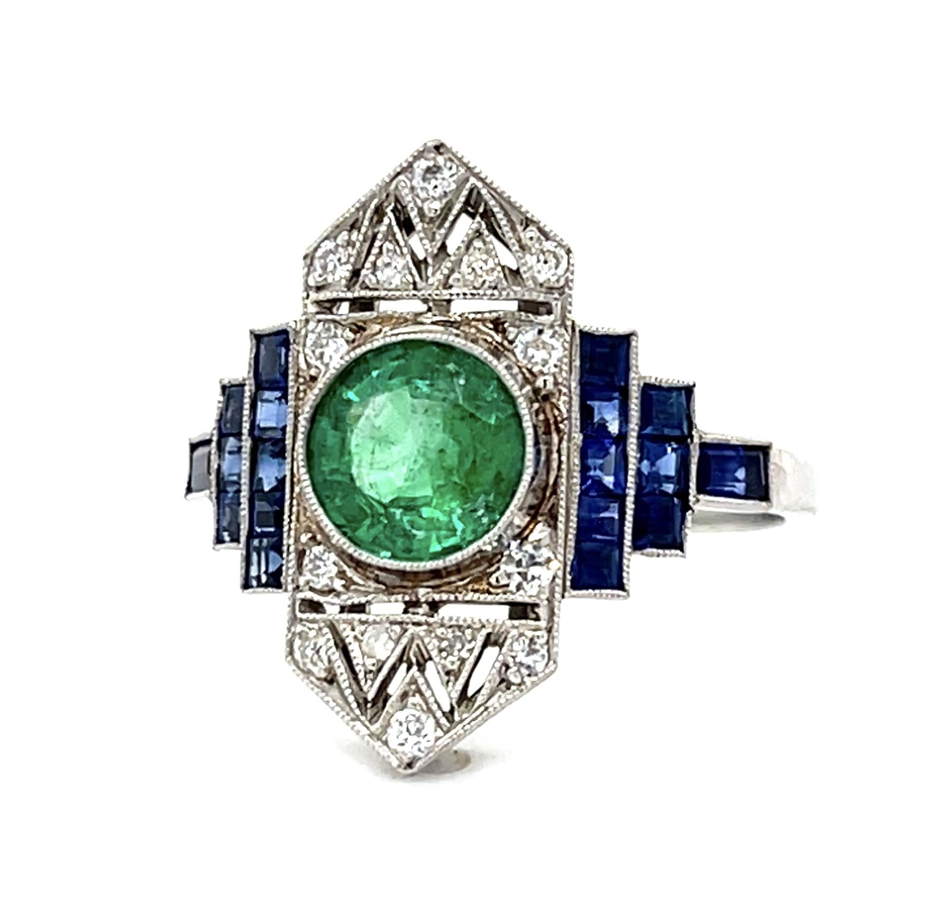 1.11ct Round Emerald Platinum Handmade Ring 1.96ct Sapphire