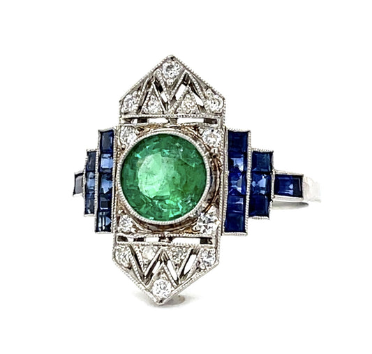 1.11ct Round Emerald Platinum Handmade Ring 1.96ct Sapphire