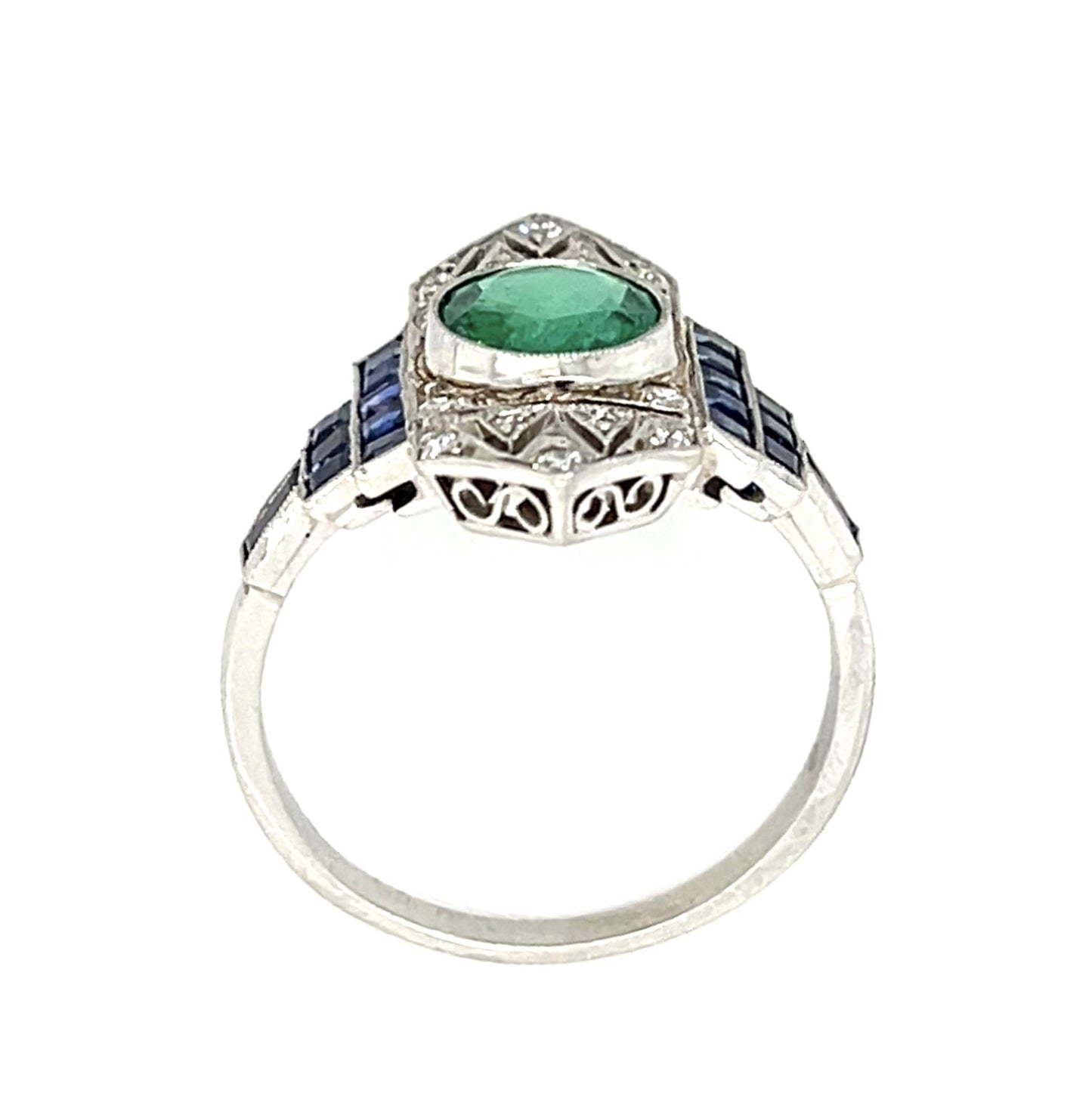 1.11ct Round Emerald Platinum Handmade Ring 1.96ct Sapphire
