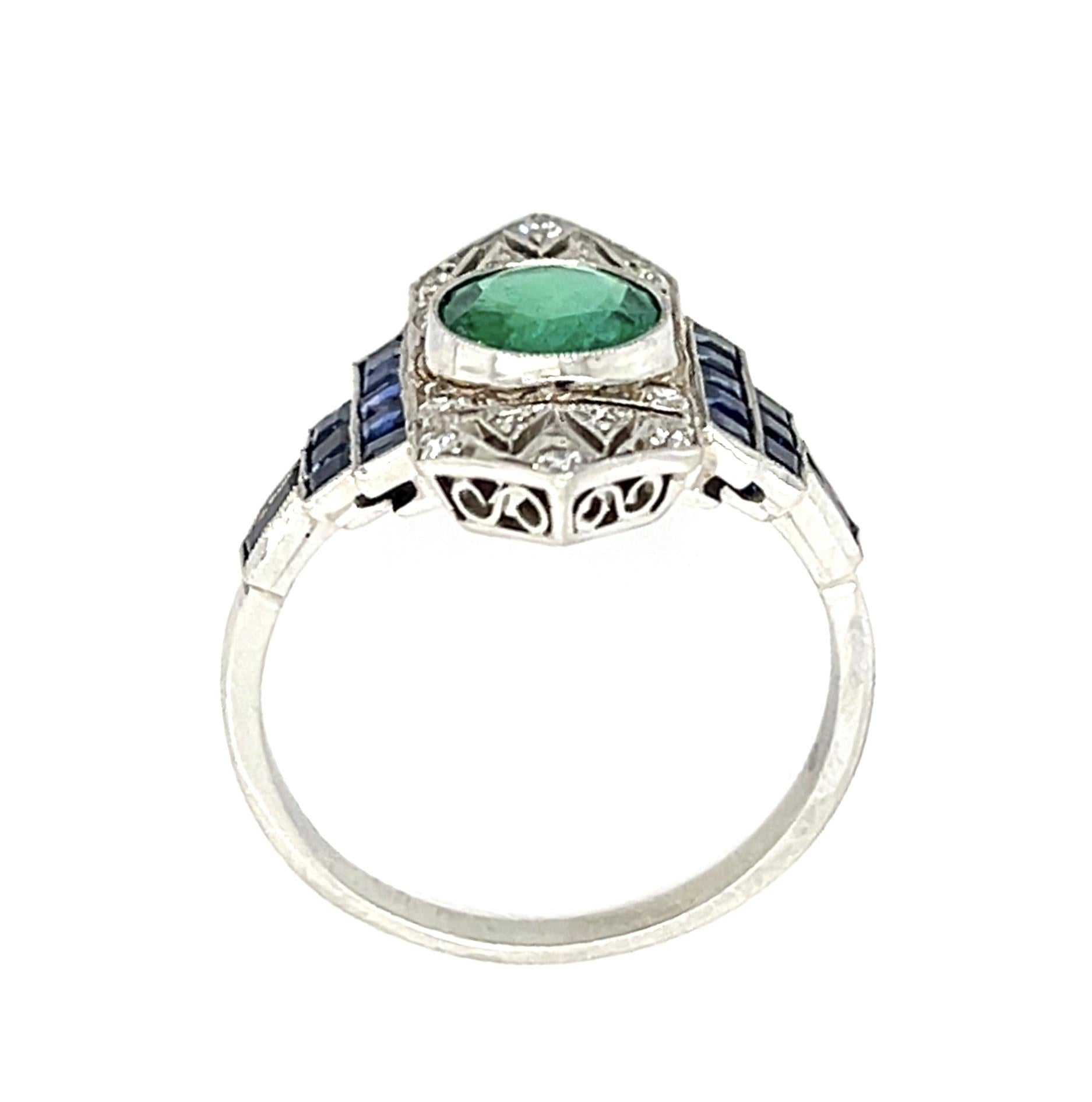 1.11ct Round Emerald Platinum Handmade Ring 1.96ct Sapphire