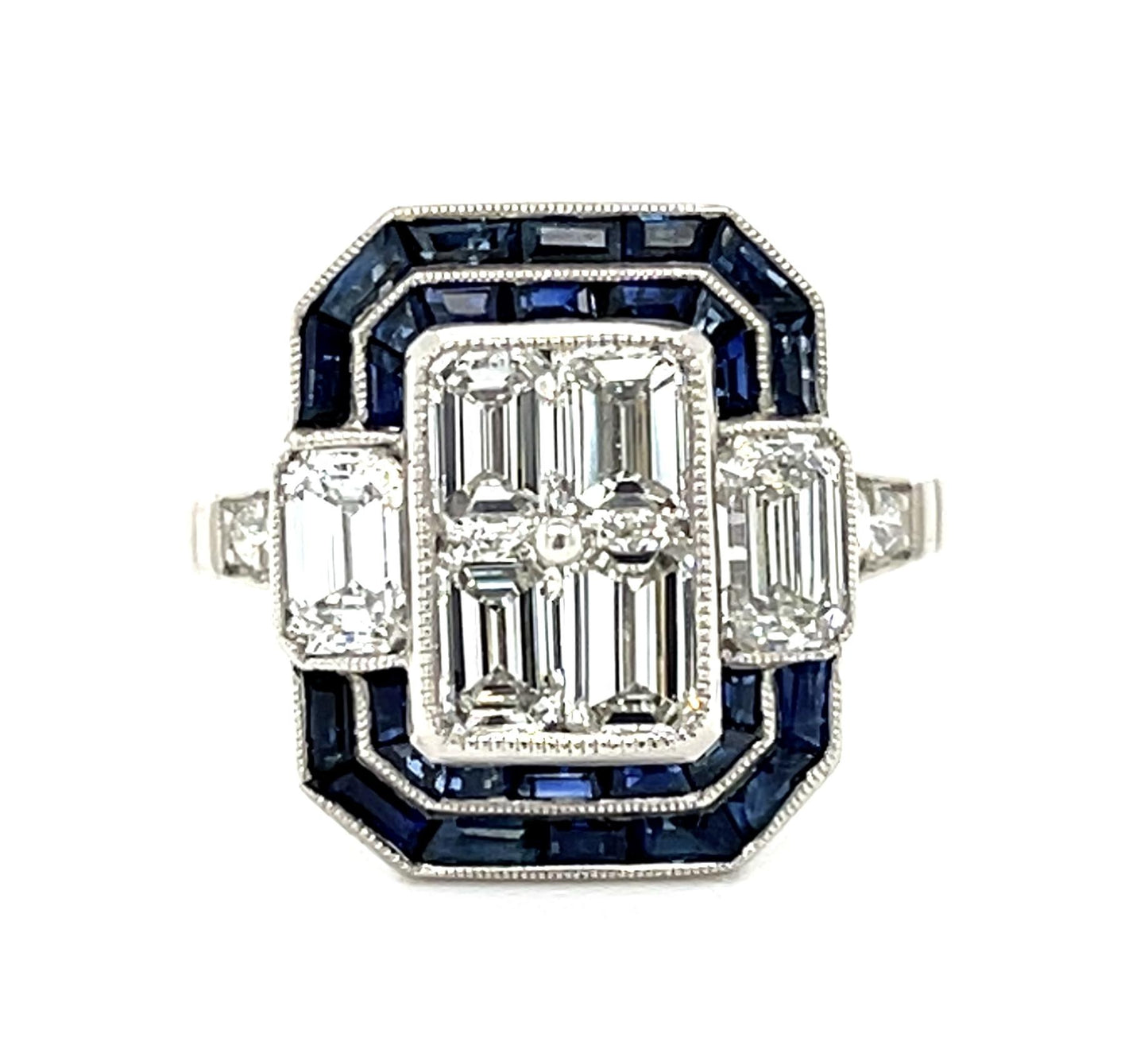 2.07ct (F-G VS Six Emerald Cut Diamonds) 1.70ct Sapphire Platinum Handmade Ring