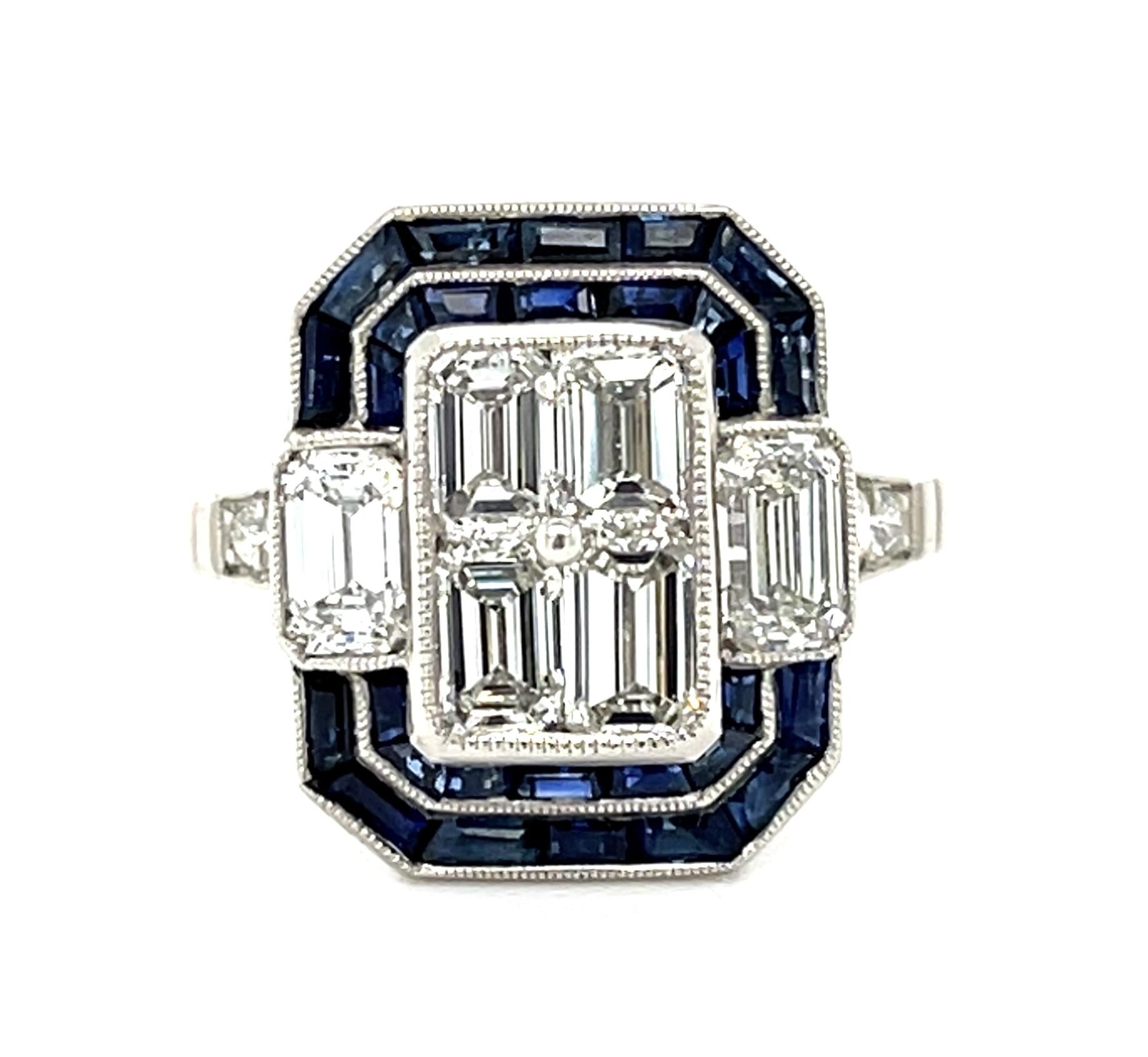 2.07ct (F-G VS Six Emerald Cut Diamonds) 1.70ct Sapphire Platinum Handmade Ring