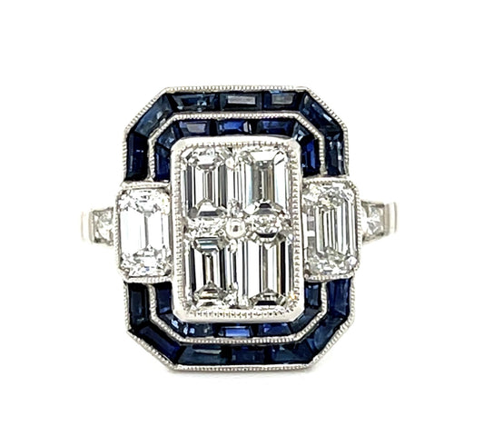 2.07ct (F-G VS Six Emerald Cut Diamonds) 1.70ct Sapphire Platinum Handmade Ring
