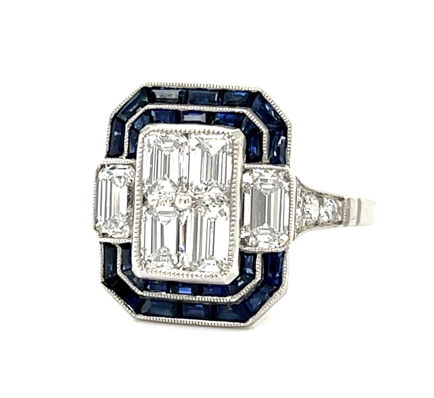 2.07ct (F-G VS Six Emerald Cut Diamonds) 1.70ct Sapphire Platinum Handmade Ring