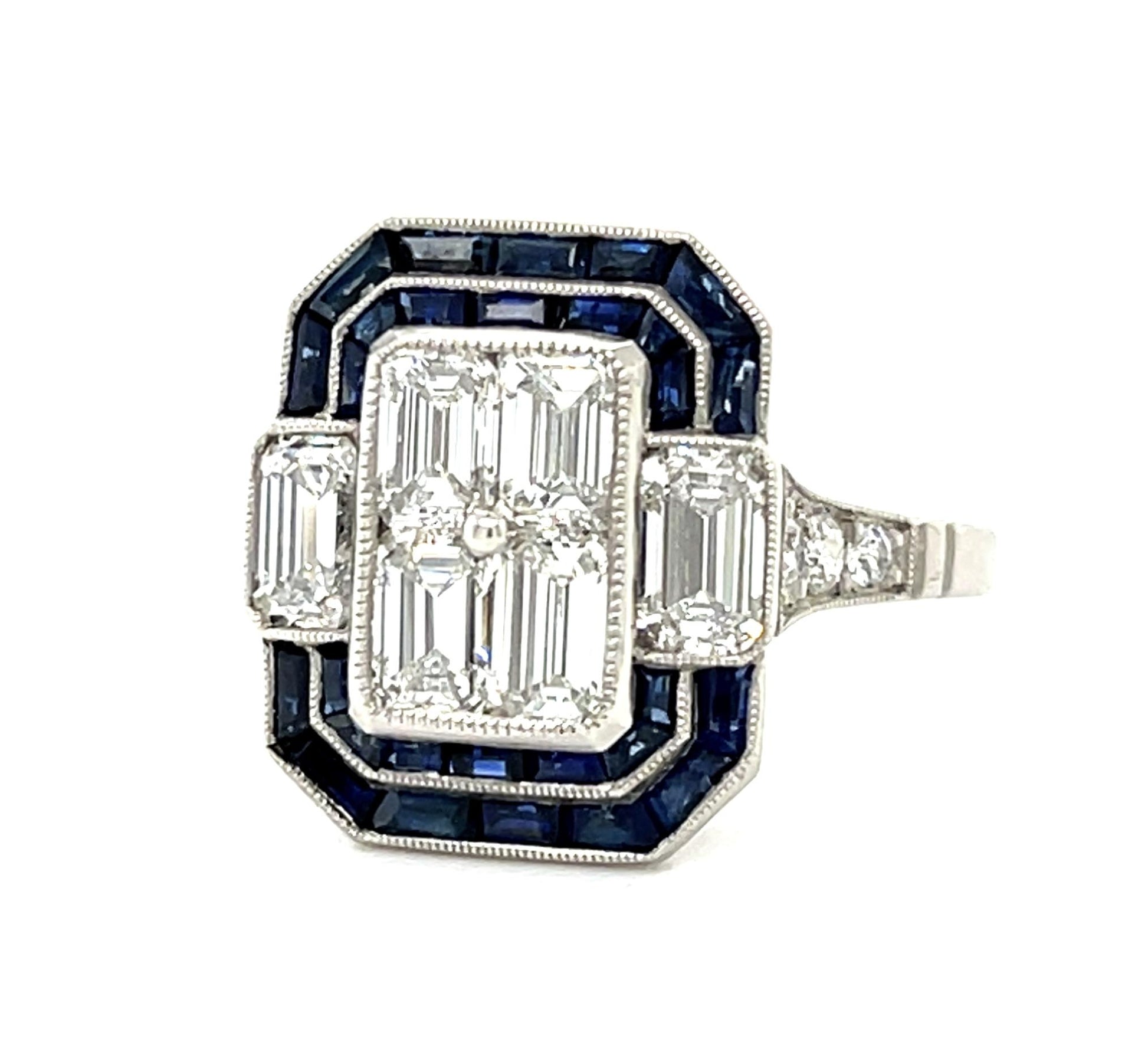 2.07ct (F-G VS Six Emerald Cut Diamonds) 1.70ct Sapphire Platinum Handmade Ring