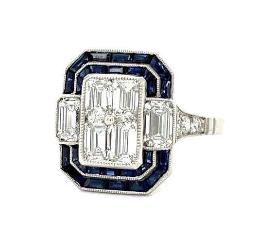 2.07ct (F-G VS Six Emerald Cut Diamonds) 1.70ct Sapphire Platinum Handmade Ring
