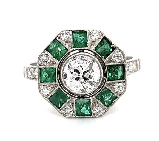 .81ct Old Euro Diamond 1.95ct Emerald Platinum Handmade Ring