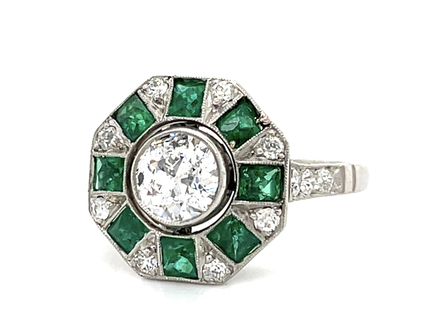 .81ct Old Euro Diamond 1.95ct Emerald Platinum Handmade Ring