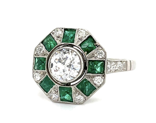 .81ct Old Euro Diamond 1.95ct Emerald Platinum Handmade Ring
