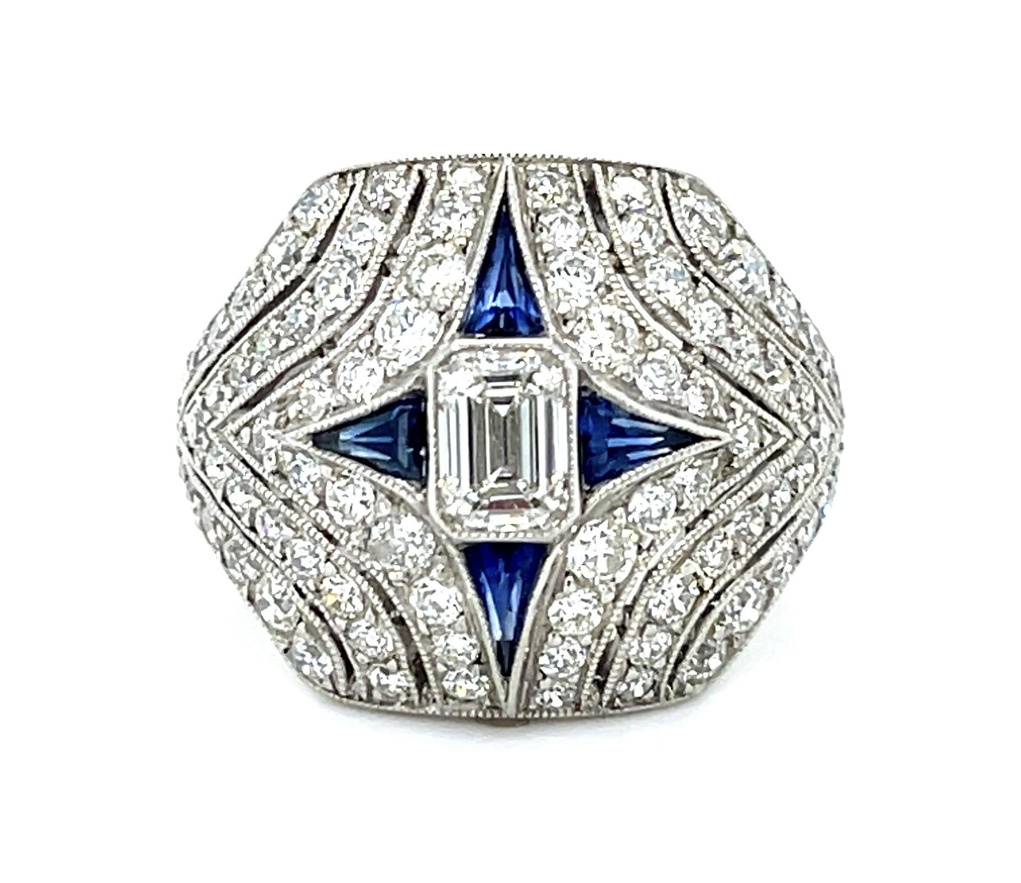 .50ct (G VS1) Emerald-cut Diamond .20ct French-cut Sapphire PT Handmade Ring