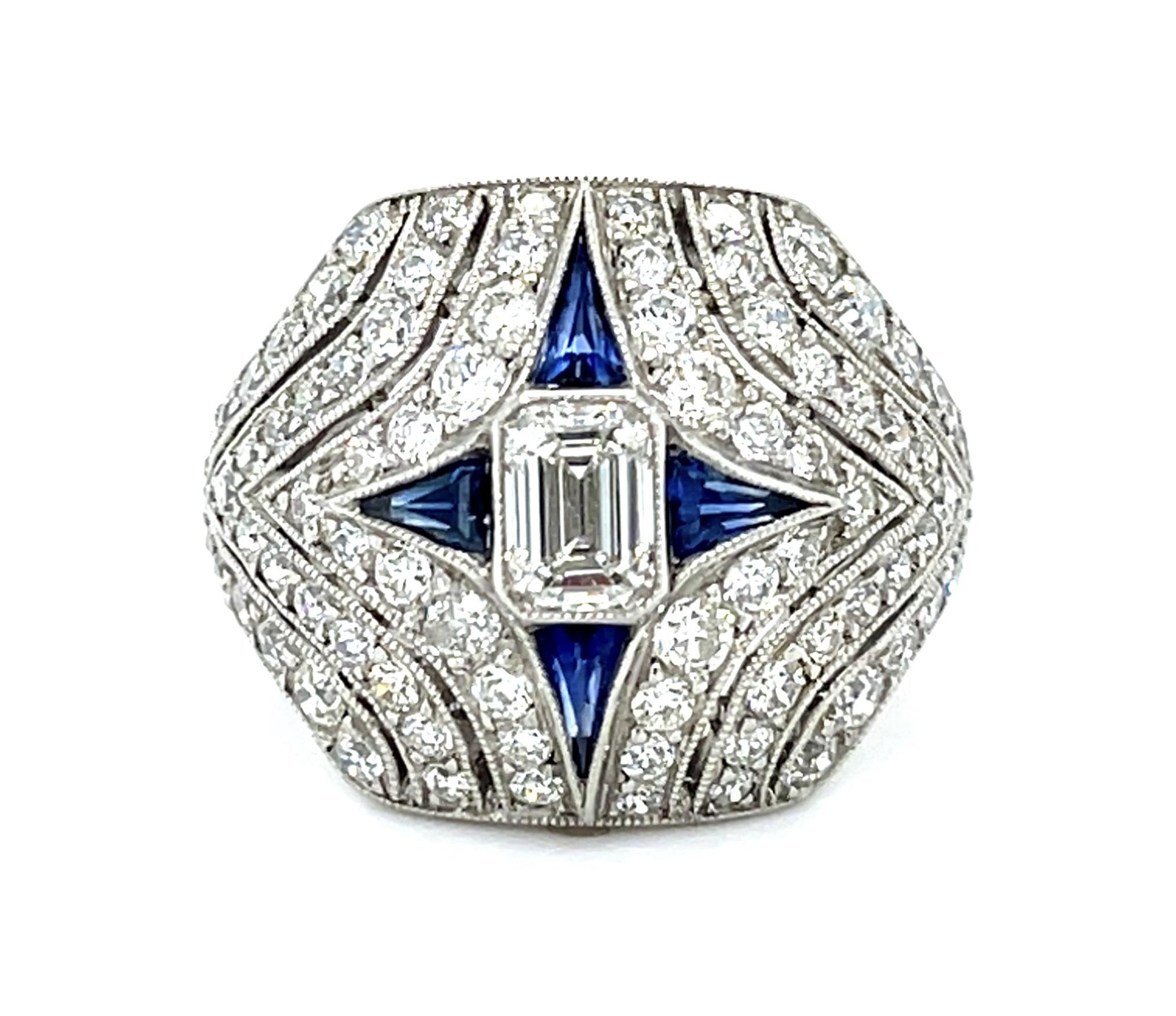 .50ct (G VS1) Emerald-cut Diamond .20ct French-cut Sapphire PT Handmade Ring
