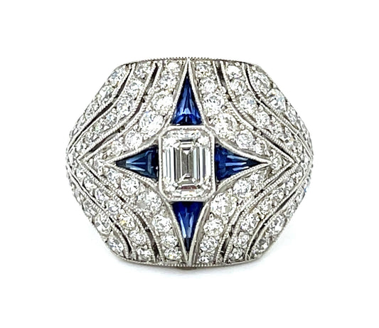 .50ct (G VS1) Emerald-cut Diamond .20ct French-cut Sapphire PT Handmade Ring