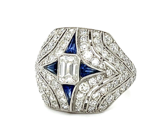 .50ct (G VS1) Emerald-cut Diamond .20ct French-cut Sapphire PT Handmade Ring