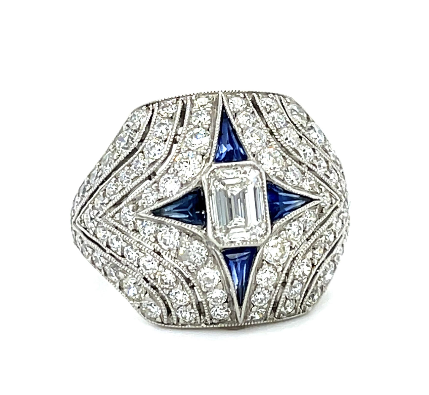 .50ct (G VS1) Emerald-cut Diamond .20ct French-cut Sapphire PT Handmade Ring