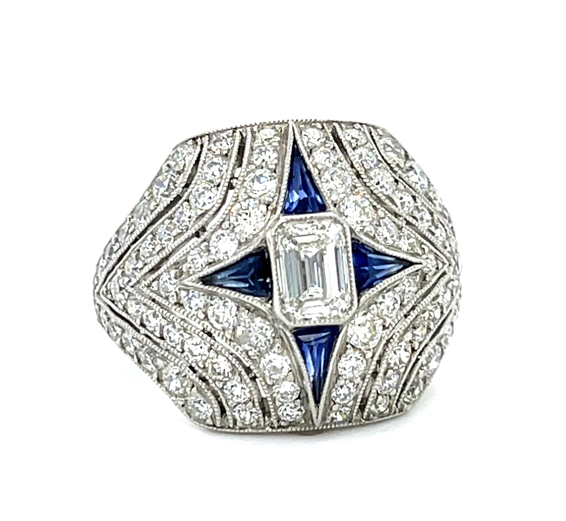 .50ct (G VS1) Emerald-cut Diamond .20ct French-cut Sapphire PT Handmade Ring