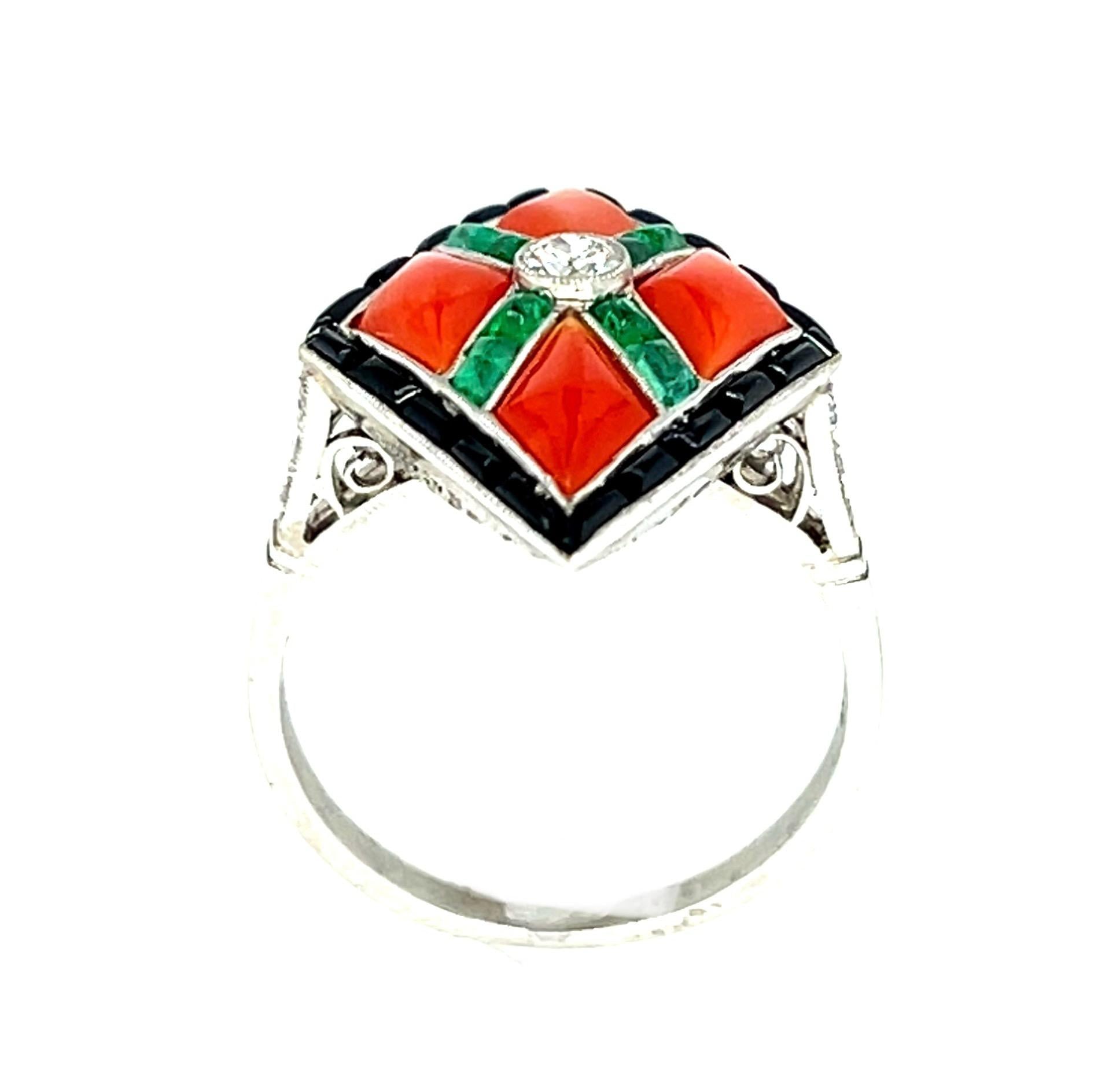 .15ct (H VS1) Center Diamond + Coral + .54ct Emerald + Onyx PT Handmade Ring