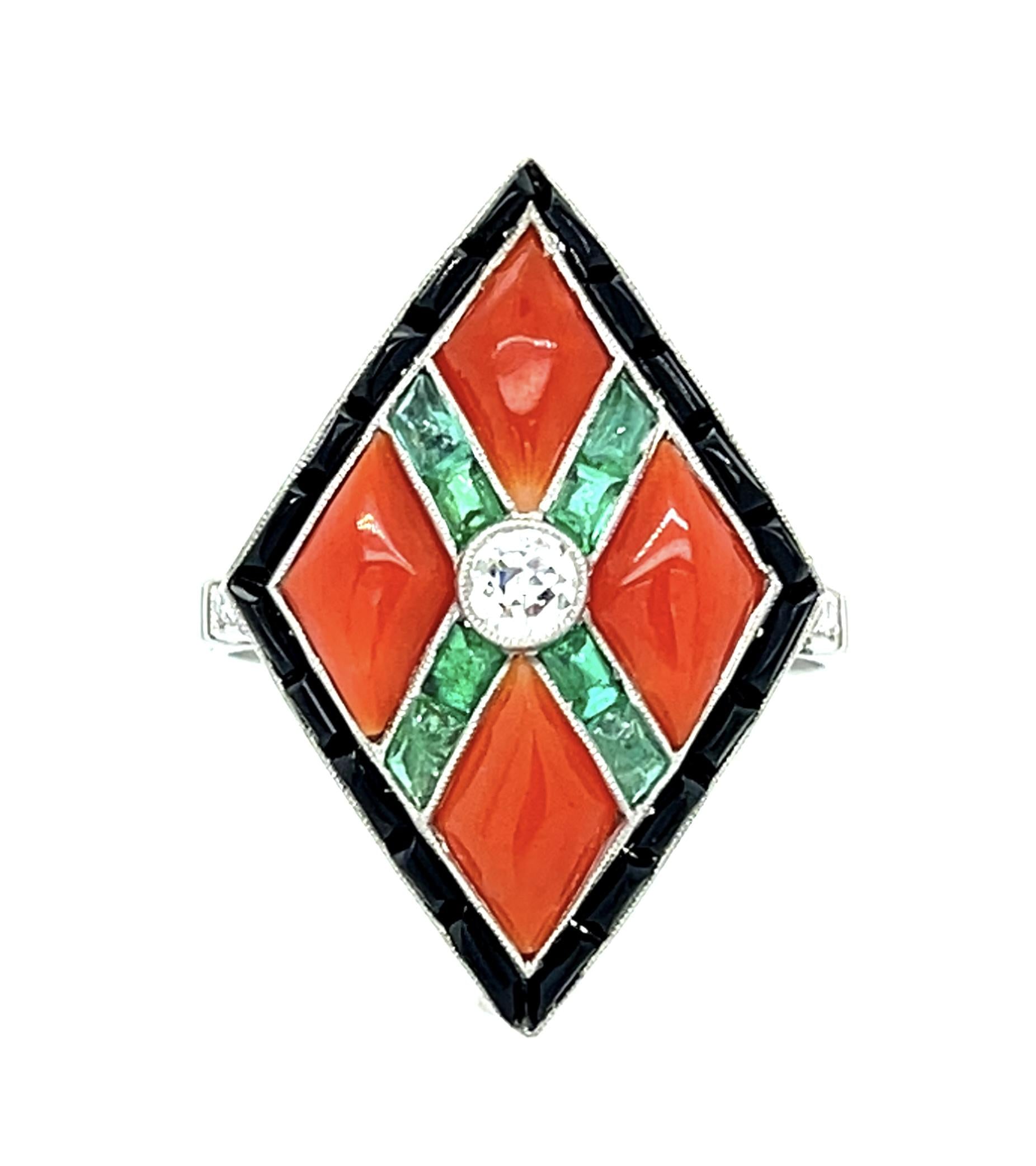 .15ct (H VS1) Center Diamond + Coral + .54ct Emerald + Onyx PT Handmade Ring