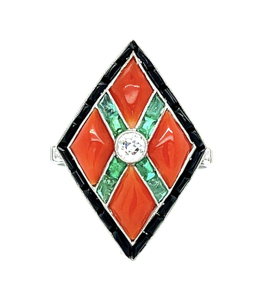 .15ct (H VS1) Center Diamond + Coral + .54ct Emerald + Onyx PT Handmade Ring