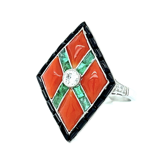 .15ct (H VS1) Center Diamond + Coral + .54ct Emerald + Onyx PT Handmade Ring