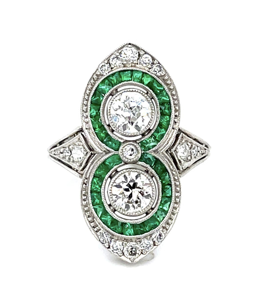 1.02ct (Two Euro Diamonds) 1.49ct Emerald Platinum Handmade Ring 8.80g .40ct SD