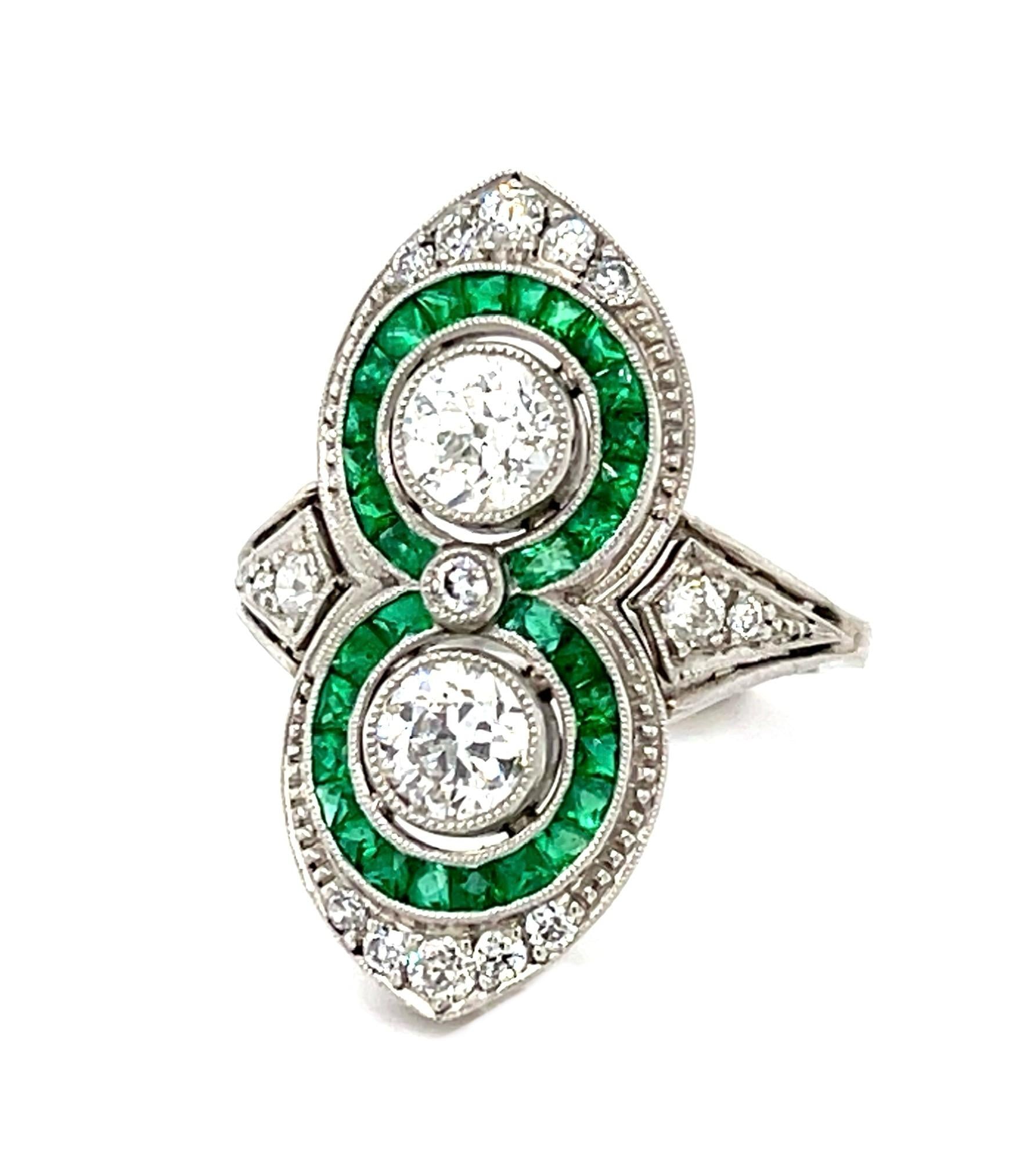 1.02ct (Two Euro Diamonds) 1.49ct Emerald Platinum Handmade Ring 8.80g .40ct SD