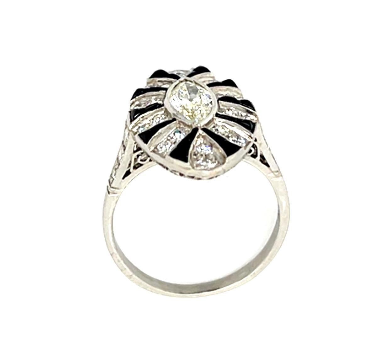 .53ct Antique Marquise Diamond + Onyx Platinum Handmade Ring