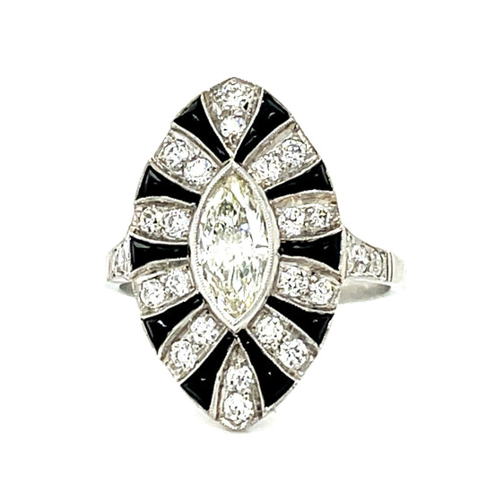 .53ct Antique Marquise Diamond + Onyx Platinum Handmade Ring