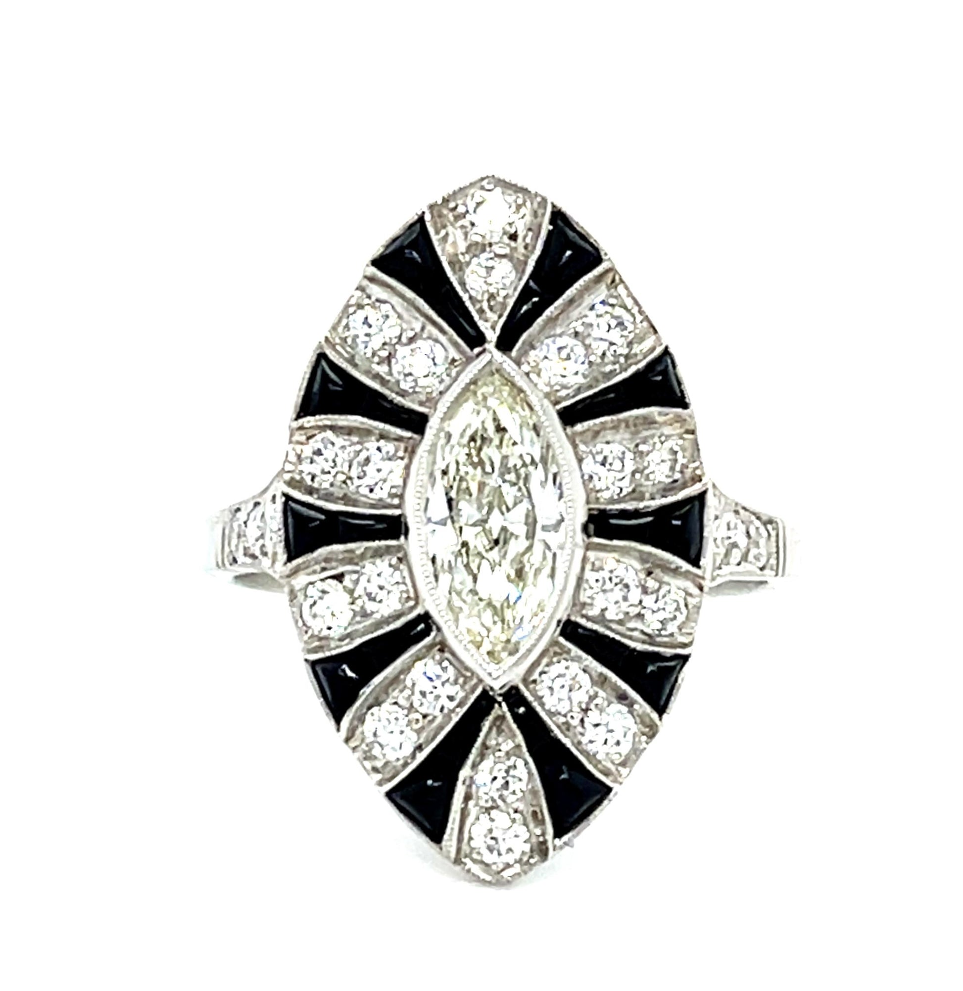 .53ct Antique Marquise Diamond + Onyx Platinum Handmade Ring
