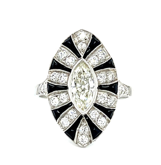 .53ct Antique Marquise Diamond + Onyx Platinum Handmade Ring