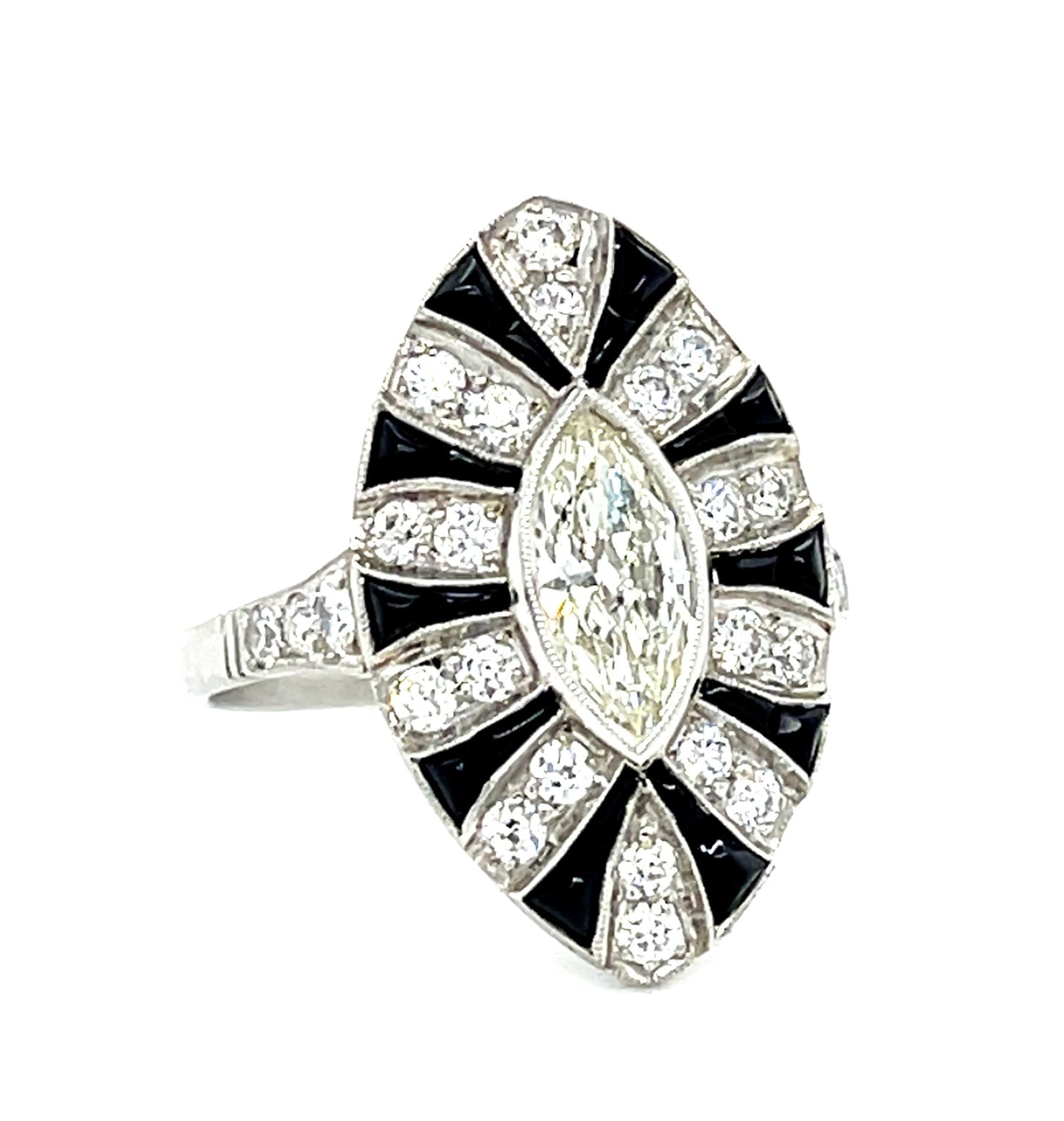 .53ct Antique Marquise Diamond + Onyx Platinum Handmade Ring