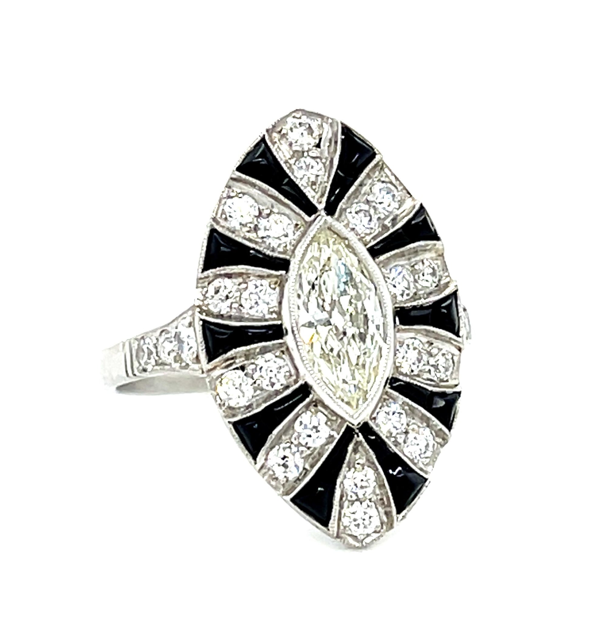 .53ct Antique Marquise Diamond + Onyx Platinum Handmade Ring