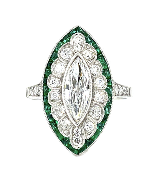.70ct Marquise Diamond .80ct Emerald Platinum Handmade Ring
