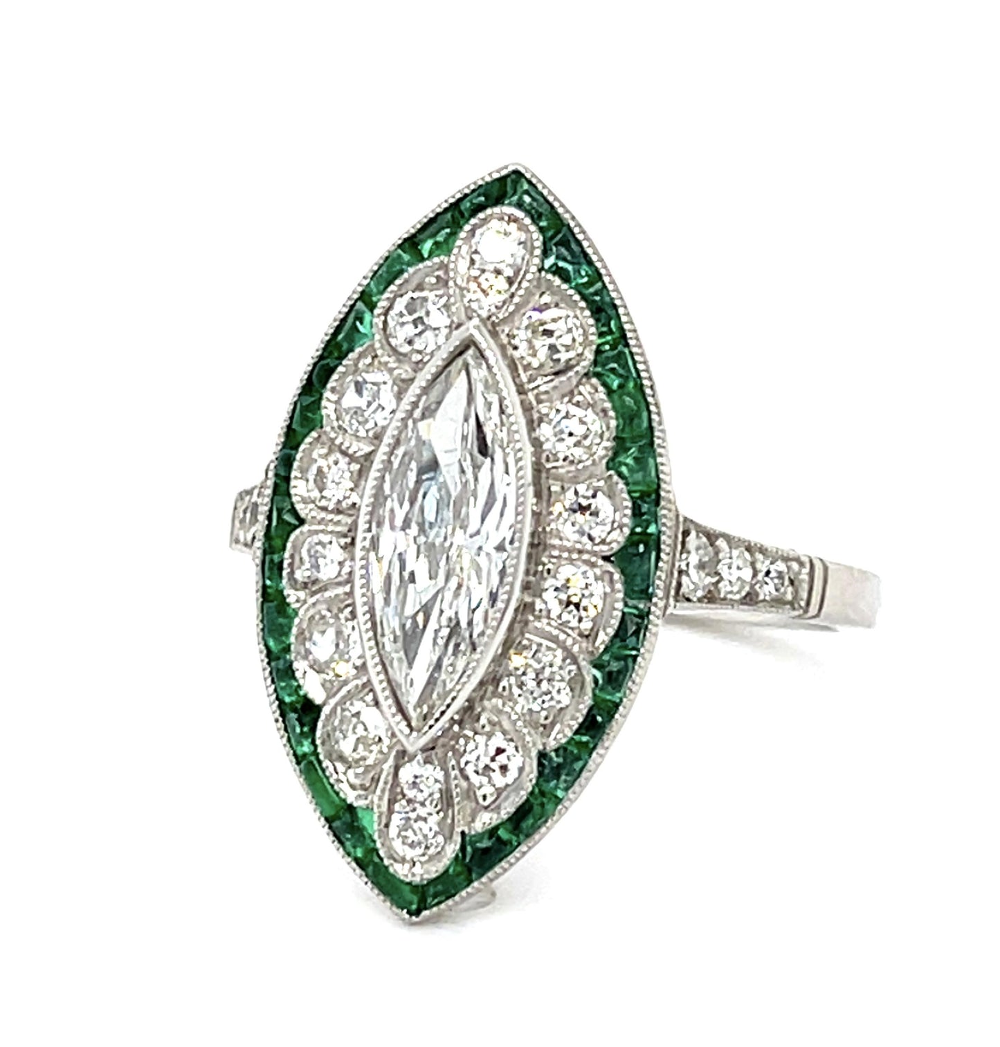 .70ct Marquise Diamond .80ct Emerald Platinum Handmade Ring