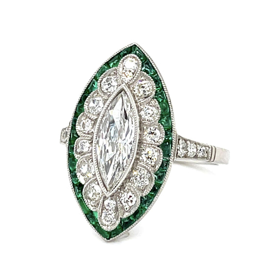 .70ct Marquise Diamond .80ct Emerald Platinum Handmade Ring