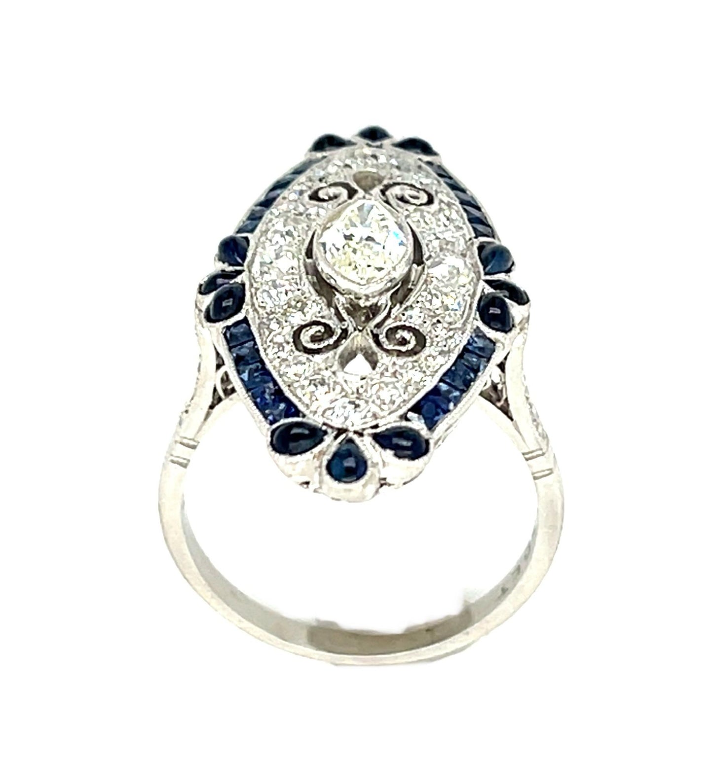 .50ct (L VS2) Antique Marquise Diamond PT Handmade Ring 1ct French-cut Sapphire