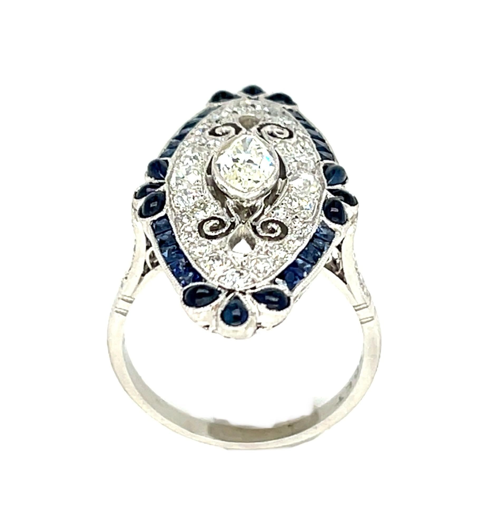 .50ct (L VS2) Antique Marquise Diamond PT Handmade Ring 1ct French-cut Sapphire