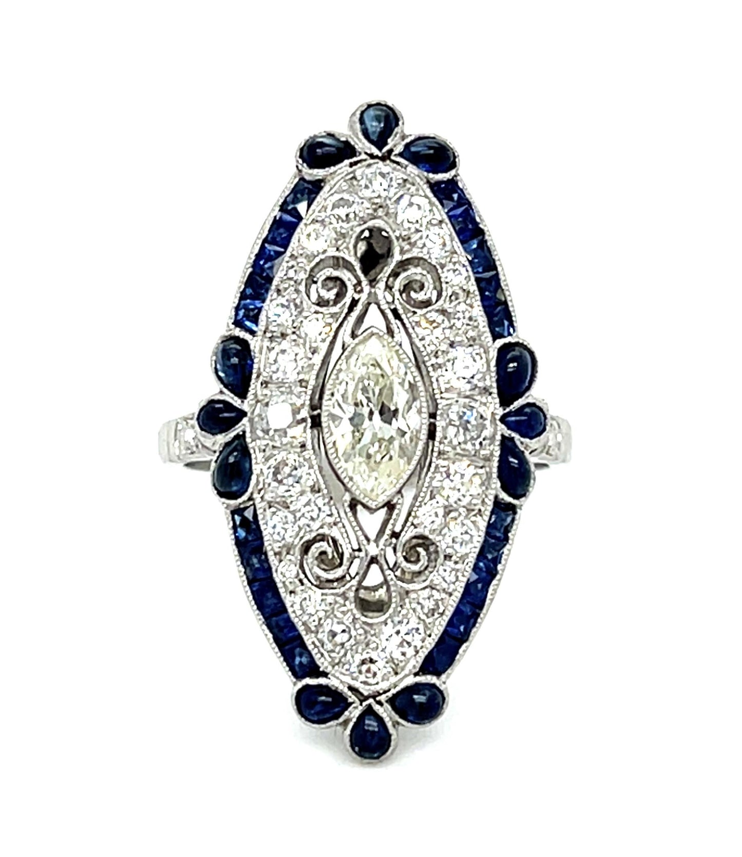 .50ct (L VS2) Antique Marquise Diamond PT Handmade Ring 1ct French-cut Sapphire