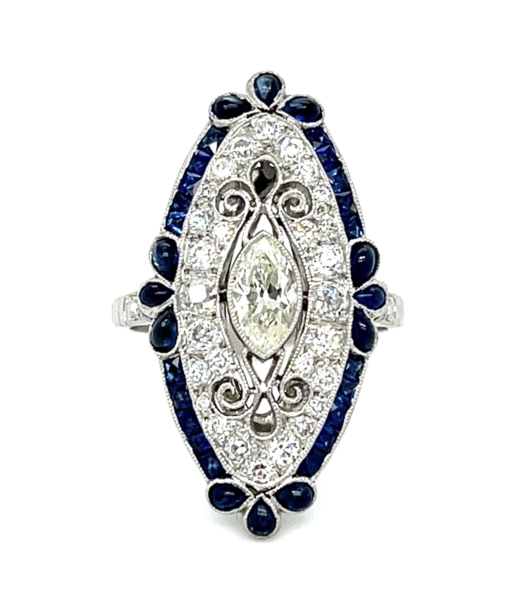 .50ct (L VS2) Antique Marquise Diamond PT Handmade Ring 1ct French-cut Sapphire