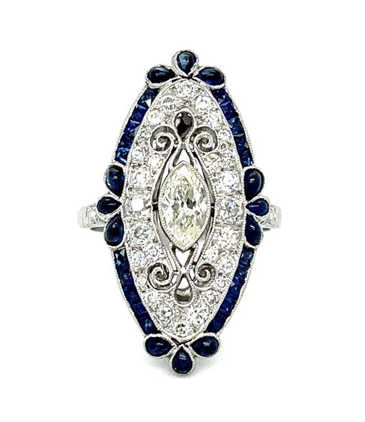 .50ct (L VS2) Antique Marquise Diamond PT Handmade Ring 1ct French-cut Sapphire