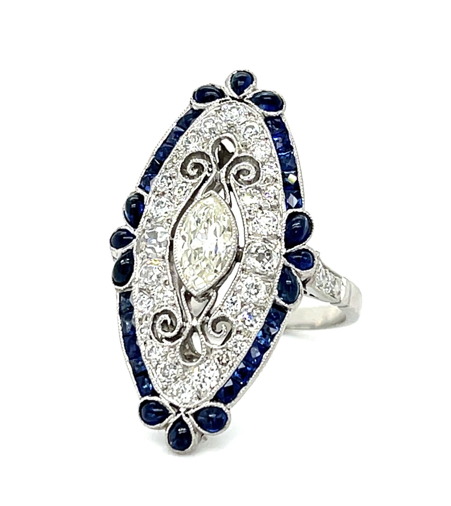 .50ct (L VS2) Antique Marquise Diamond PT Handmade Ring 1ct French-cut Sapphire