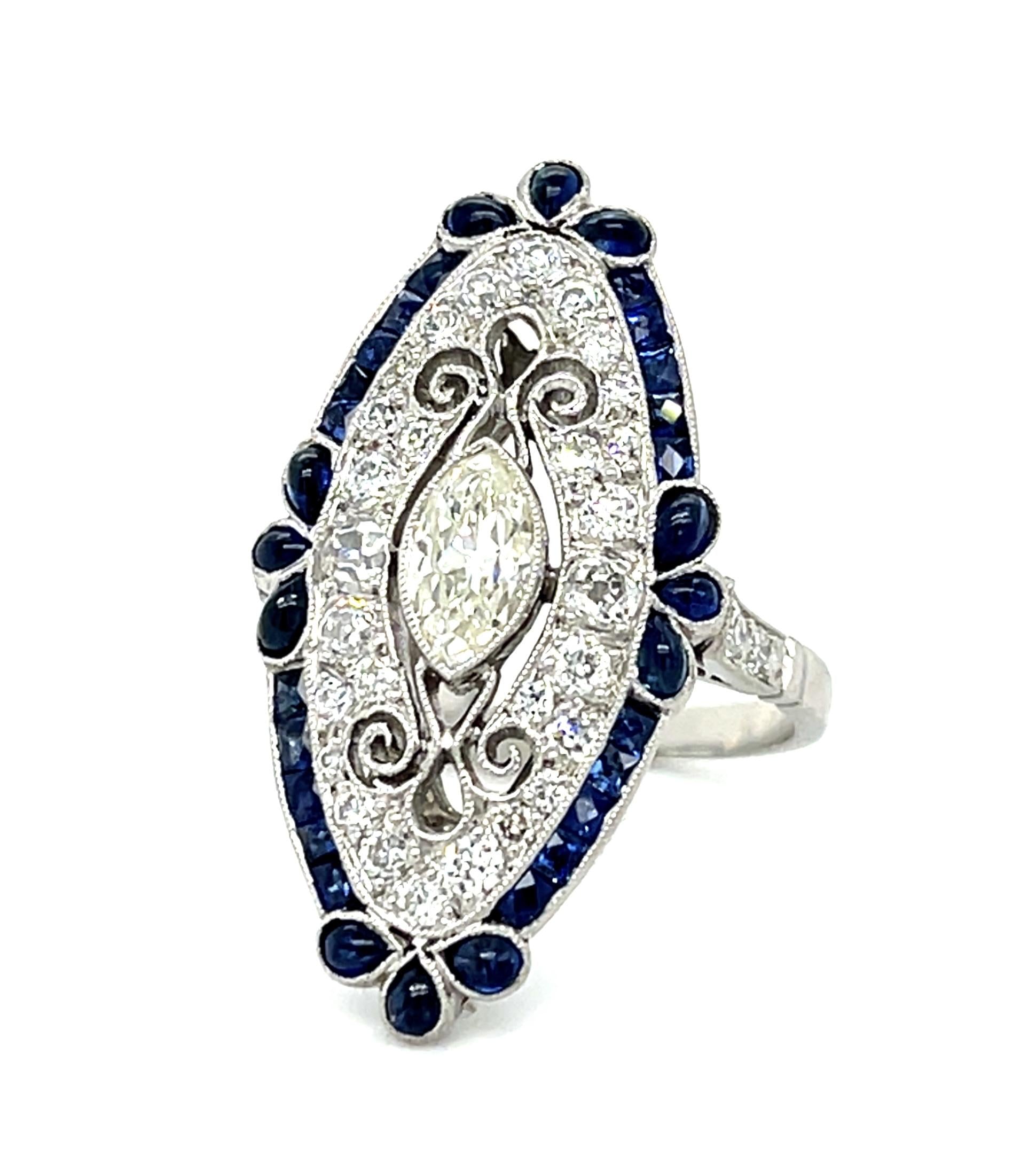 .50ct (L VS2) Antique Marquise Diamond PT Handmade Ring 1ct French-cut Sapphire