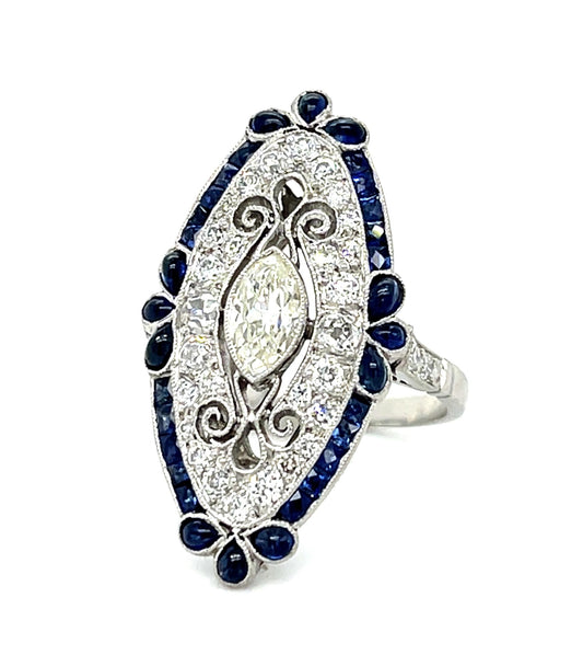 .50ct (L VS2) Antique Marquise Diamond PT Handmade Ring 1ct French-cut Sapphire