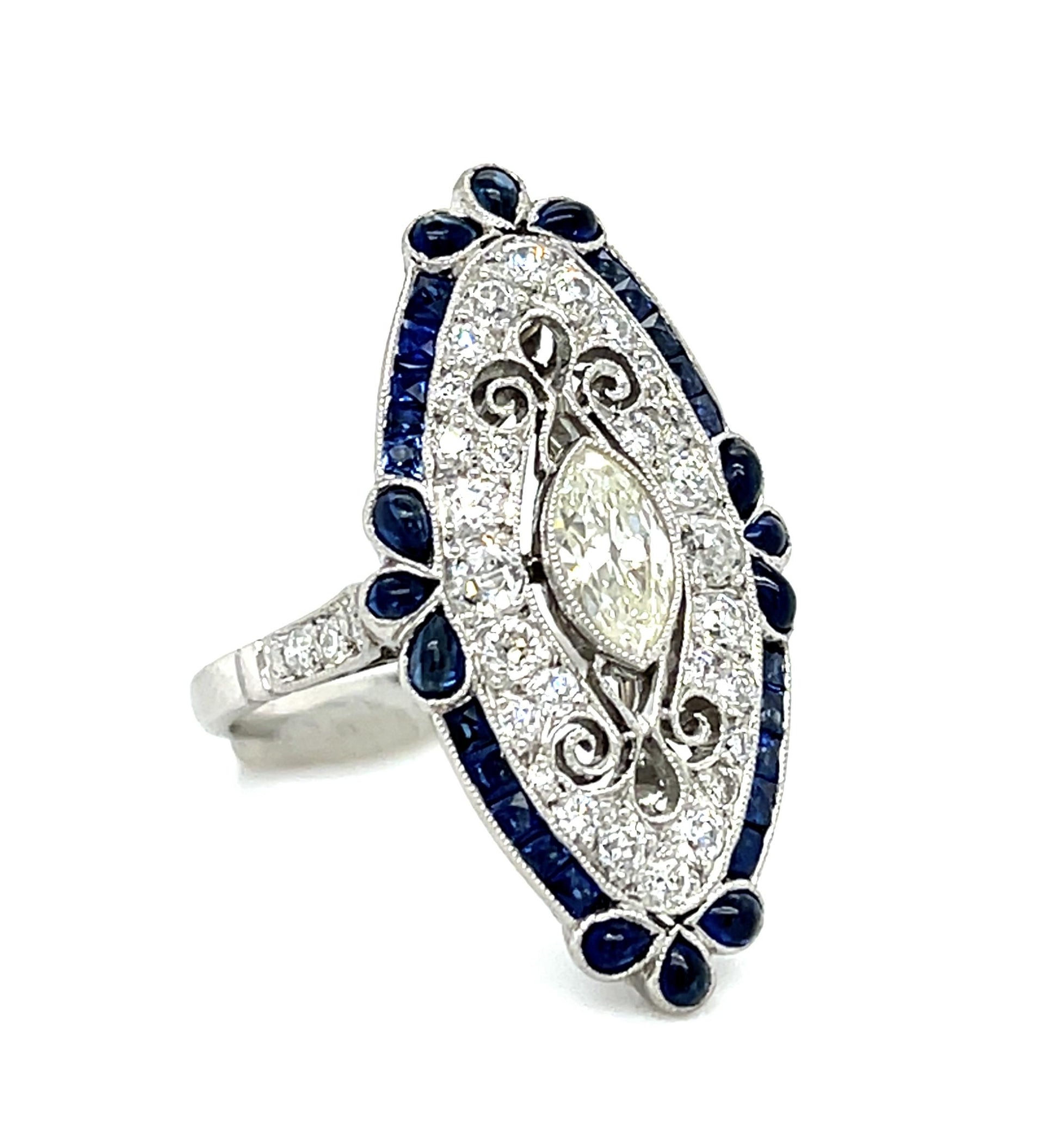 .50ct (L VS2) Antique Marquise Diamond PT Handmade Ring 1ct French-cut Sapphire