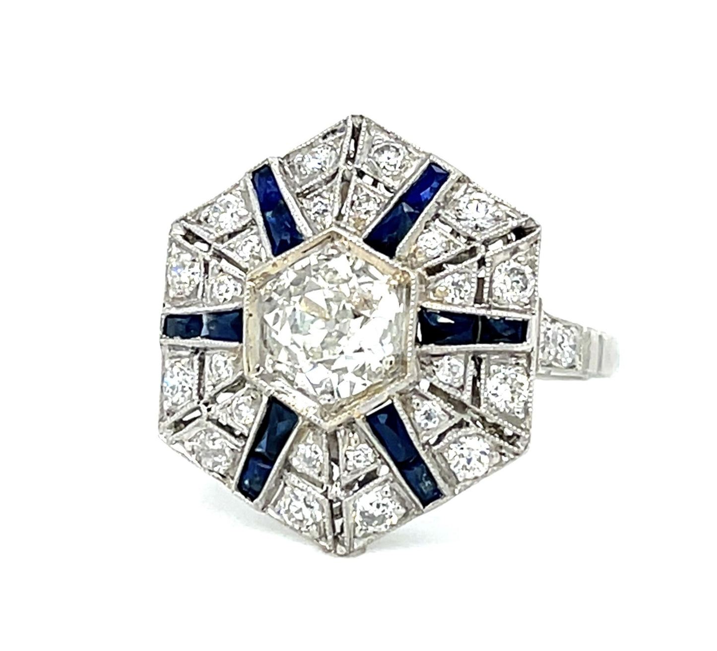 .75ct (I VS2) Euro Diamond 1.01ct French-cut Sapphire Platinum Handmade Ring