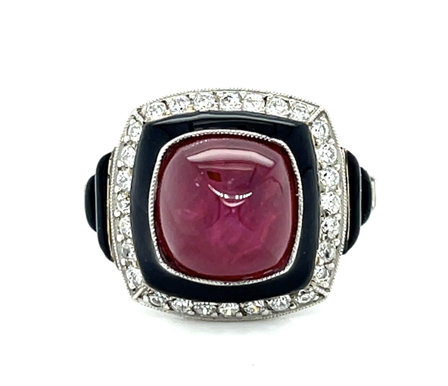 5.43ct Sugarloaf Ruby + Black Enamel Platinum Ring