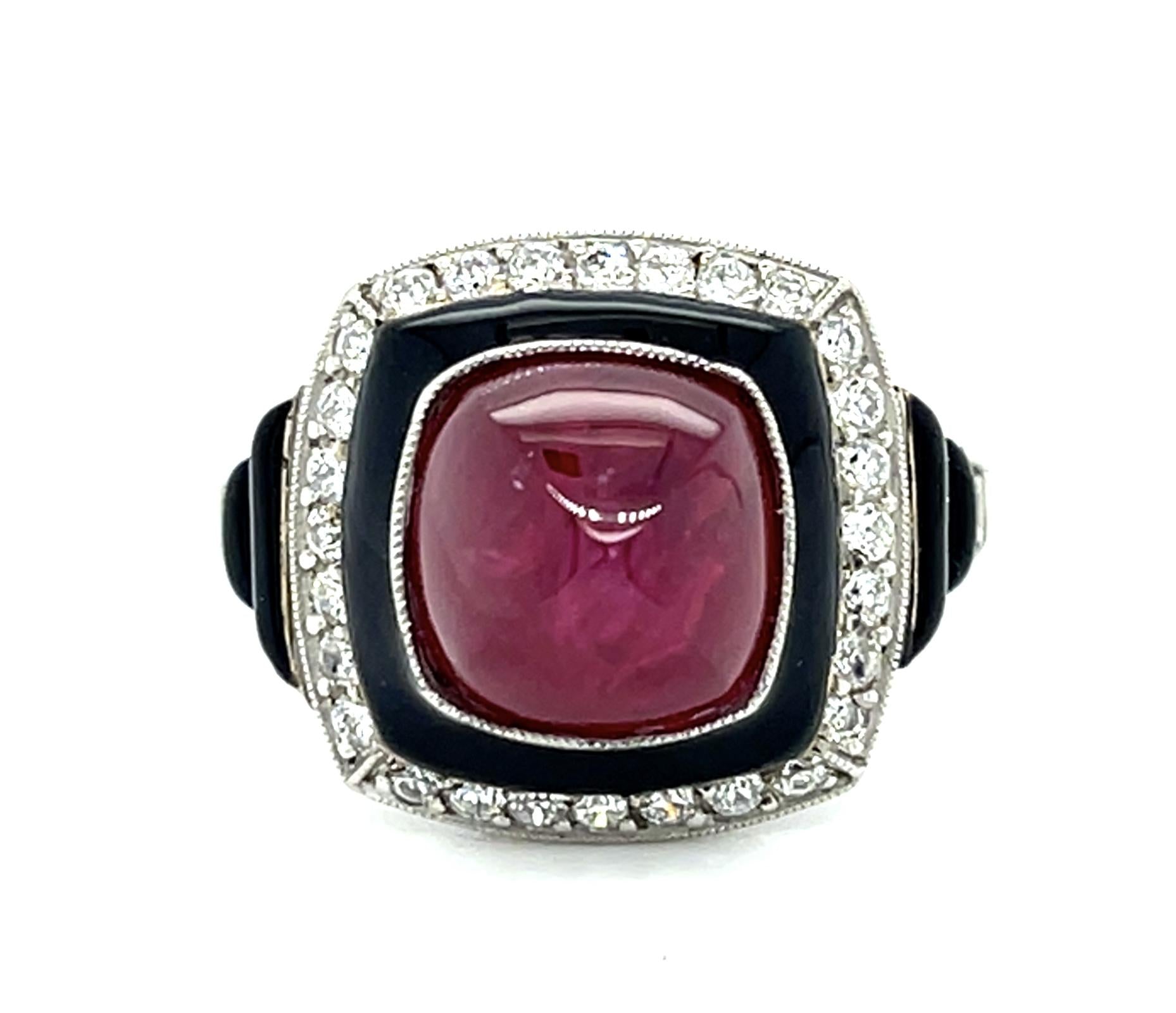 5.43ct Sugarloaf Ruby + Black Enamel Platinum Ring