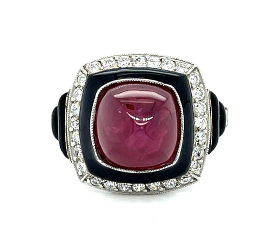 5.43ct Sugarloaf Ruby + Black Enamel Platinum Ring