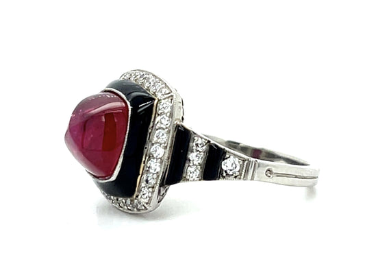 5.43ct Sugarloaf Ruby + Black Enamel Platinum Ring