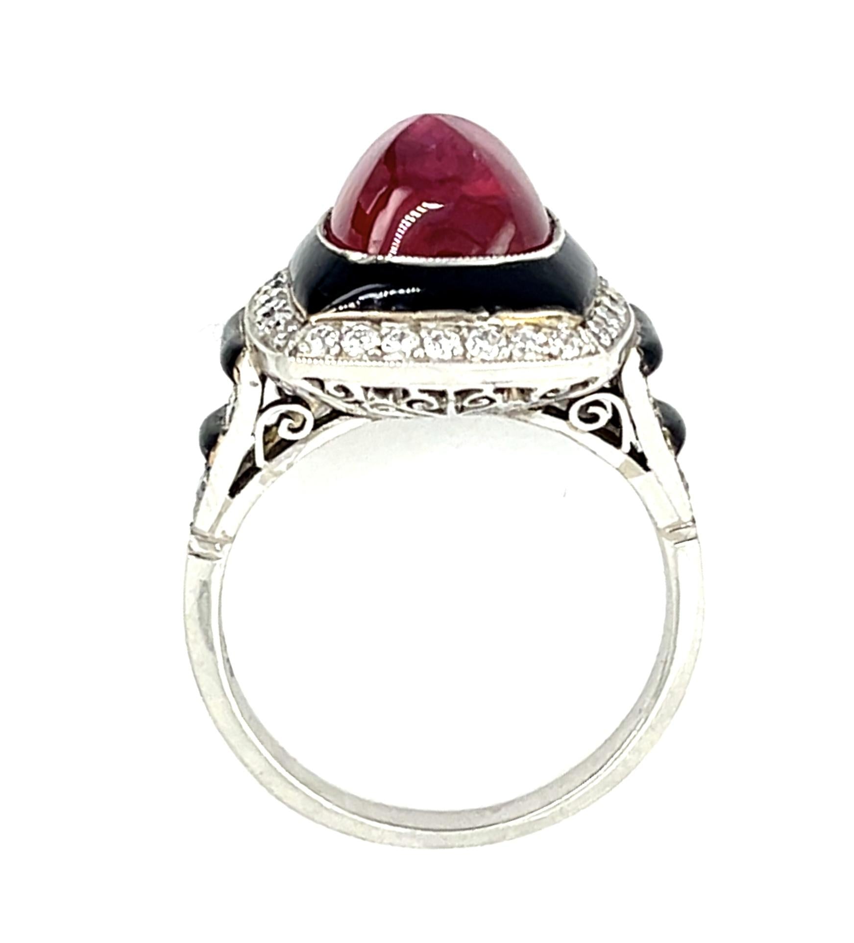 5.43ct Sugarloaf Ruby + Black Enamel Platinum Ring