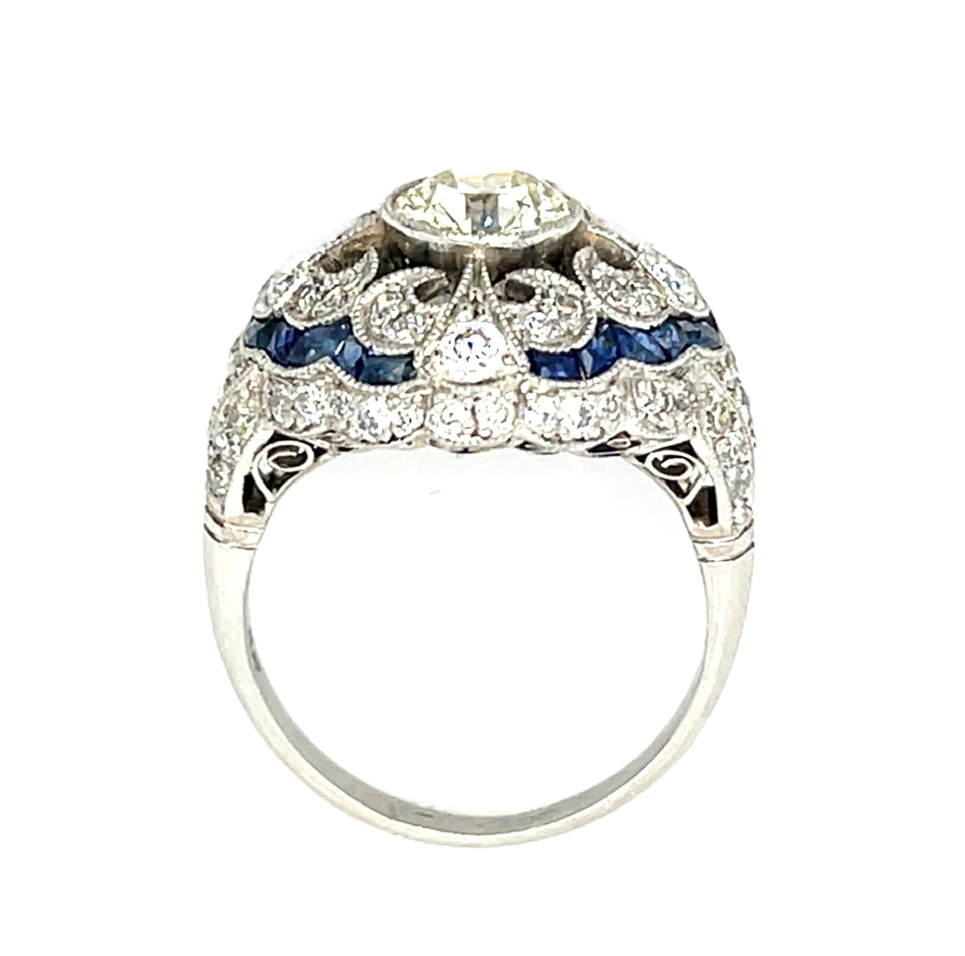 1.11ct Old European Diamond 1.94ct Sapphire PT Handmade Ring